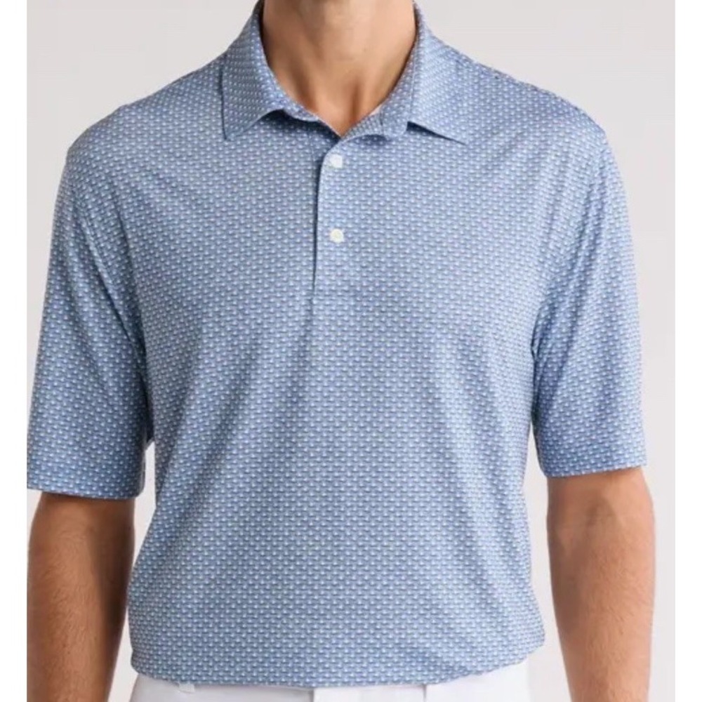 New $69 Greg Norman Play Dry Shark Fin Print Performance Stretch Golf Polo Large